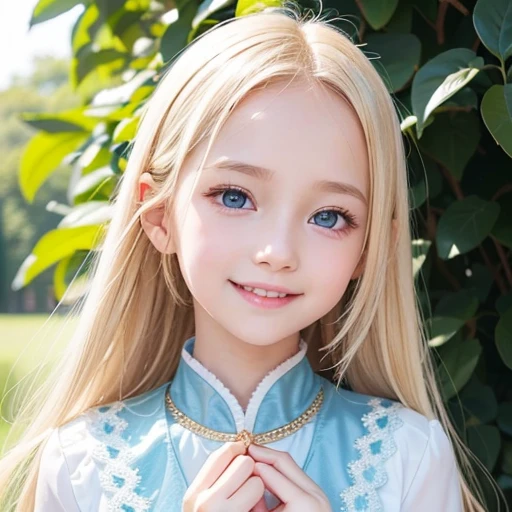 shiny skin、 Very cute and beautiful face、Shiny and very beautiful bright white skin、very beautiful and cute pale blue eyes、Beautiful very long shiny silky blonde hair with golden shine、()、one small very beautiful cute girl、Beautiful cute bright look、Clear double eyelids、((Very happy smile))、Very cute clothes