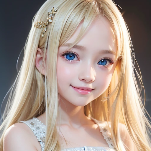 shiny skin、 Very cute and beautiful face、Shiny and very beautiful bright white skin、very beautiful and cute pale blue eyes、Beautiful very long shiny silky blonde hair with golden shine、()、one small very beautiful cute girl、Beautiful cute bright look、Clear double eyelids、((Very happy smile))、Very cute clothes
