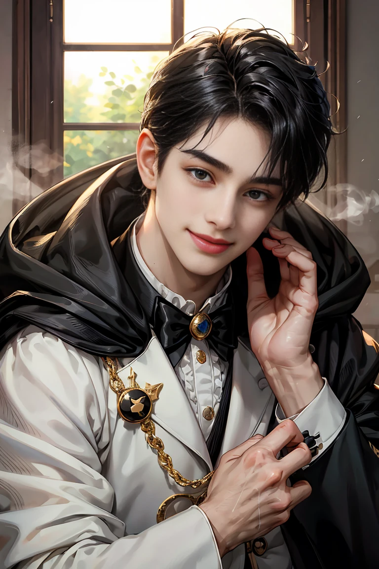 masterpiece, 最high quality, high quality, 1 boy, alone, male focus, looking at the viewer, whole body, victory_destiny, messy black hair, blue adorable big eyes, white people, Noble, noble, noble的な、Tuxedo,A very long large red and black cloak with a collar., 18-year-old,Cute Beautiful Boy,shy smile