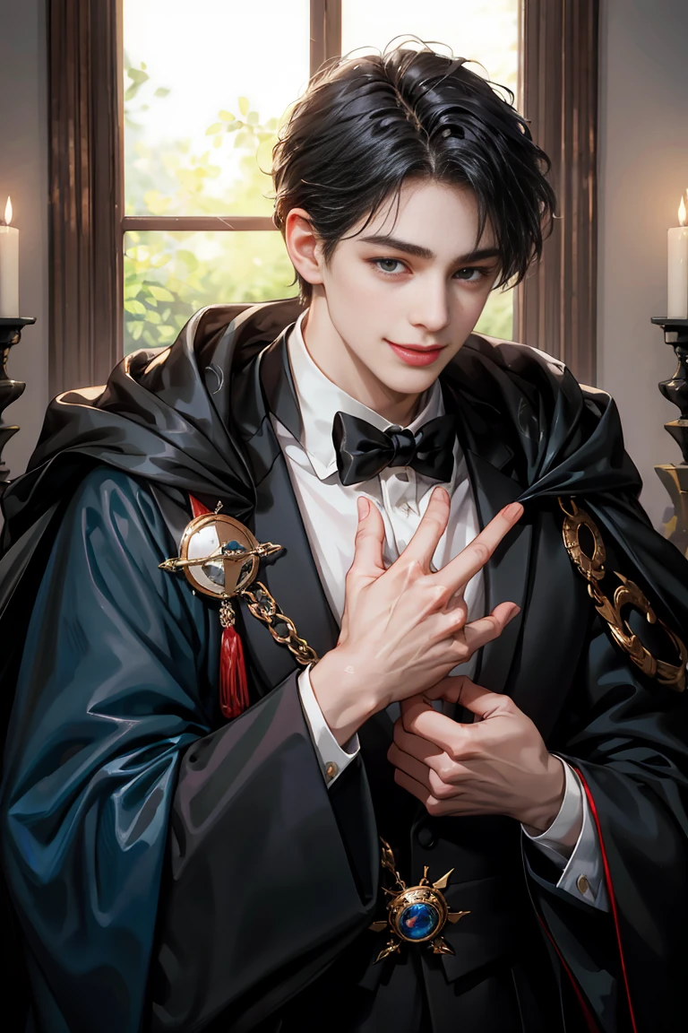 masterpiece, 最high quality, high quality, 1 boy, alone, male focus, looking at the viewer, whole body, victory_destiny, messy black hair, blue adorable big eyes, white people, Noble, noble, noble的な、Tuxedo,A very long large red and black cloak with a collar., 18-year-old,Cute Beautiful Boy,shy smile