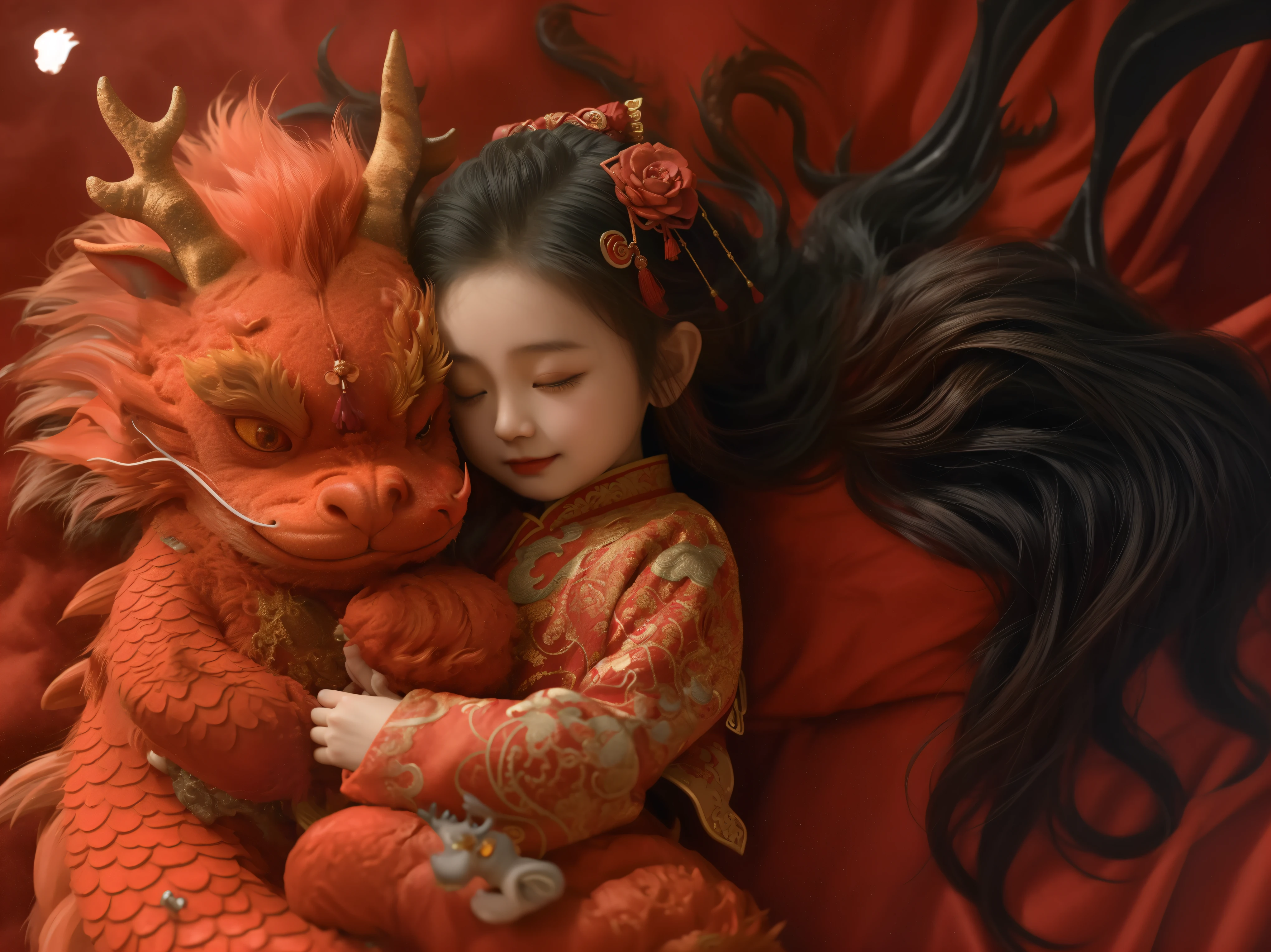 there is a girl hugging a dragon with a red background, the dragon girl portrait, by Li Fangying, in a red dream world, by Qiu Ying, by Yu Zhiding, chinese fantasy, adorable digital painting, dragon girl, by Li Mei-shu, by Wen Zhenheng, inspired by Chen Yifei, by Ni Yuanlu, by Li Song