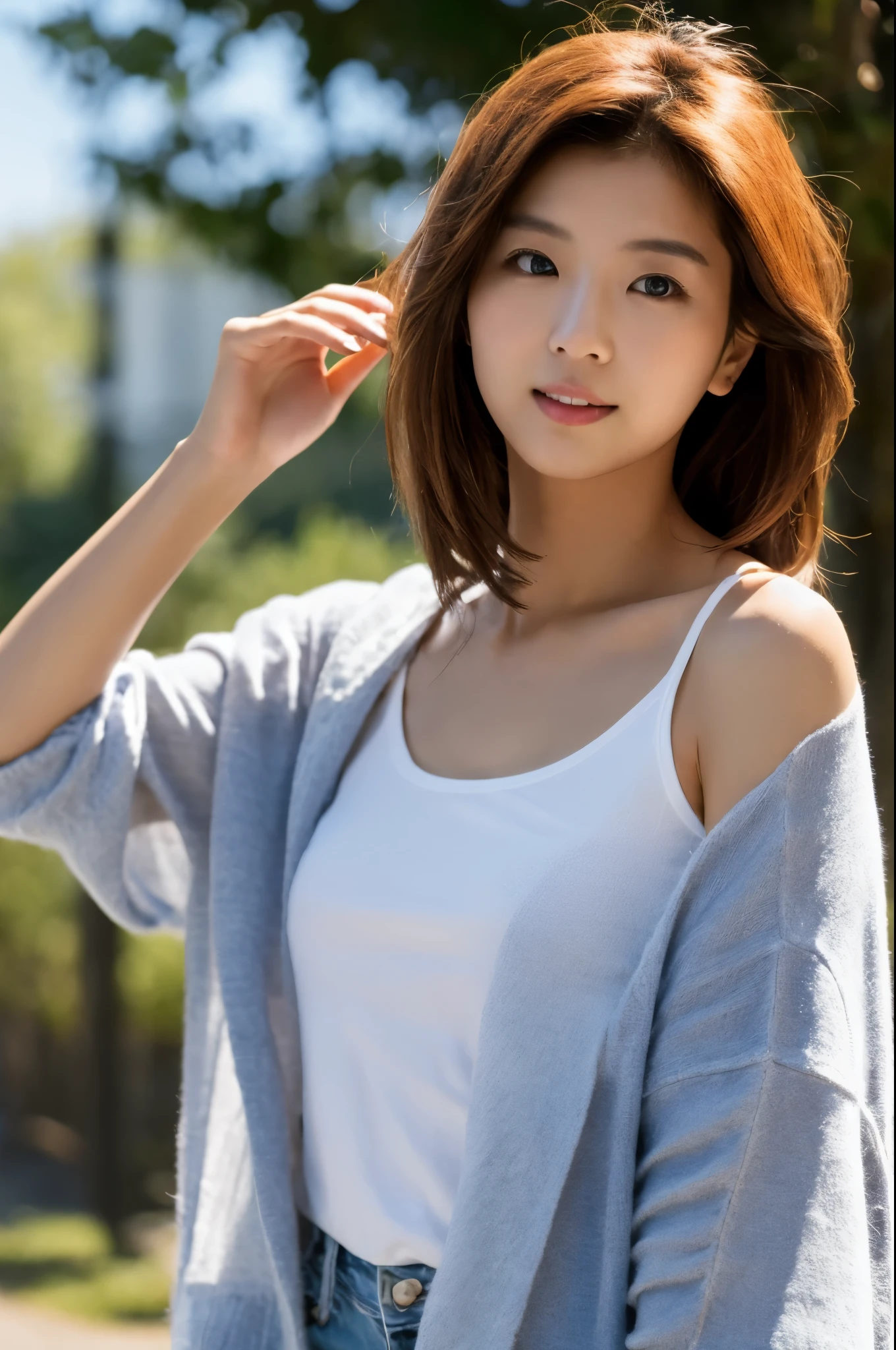 good hand,4k, high-res, masterpiece, best quality, head:1.3, (Japanese actress), finely detailed skin, sharp focus, (cinematic lighting), collarbone, morning, soft lighting, medium hair, dynamic angle, [:(detailed face:1.2):0.3], armpit crease, thigh gap, casual clothes, slender, outdoors