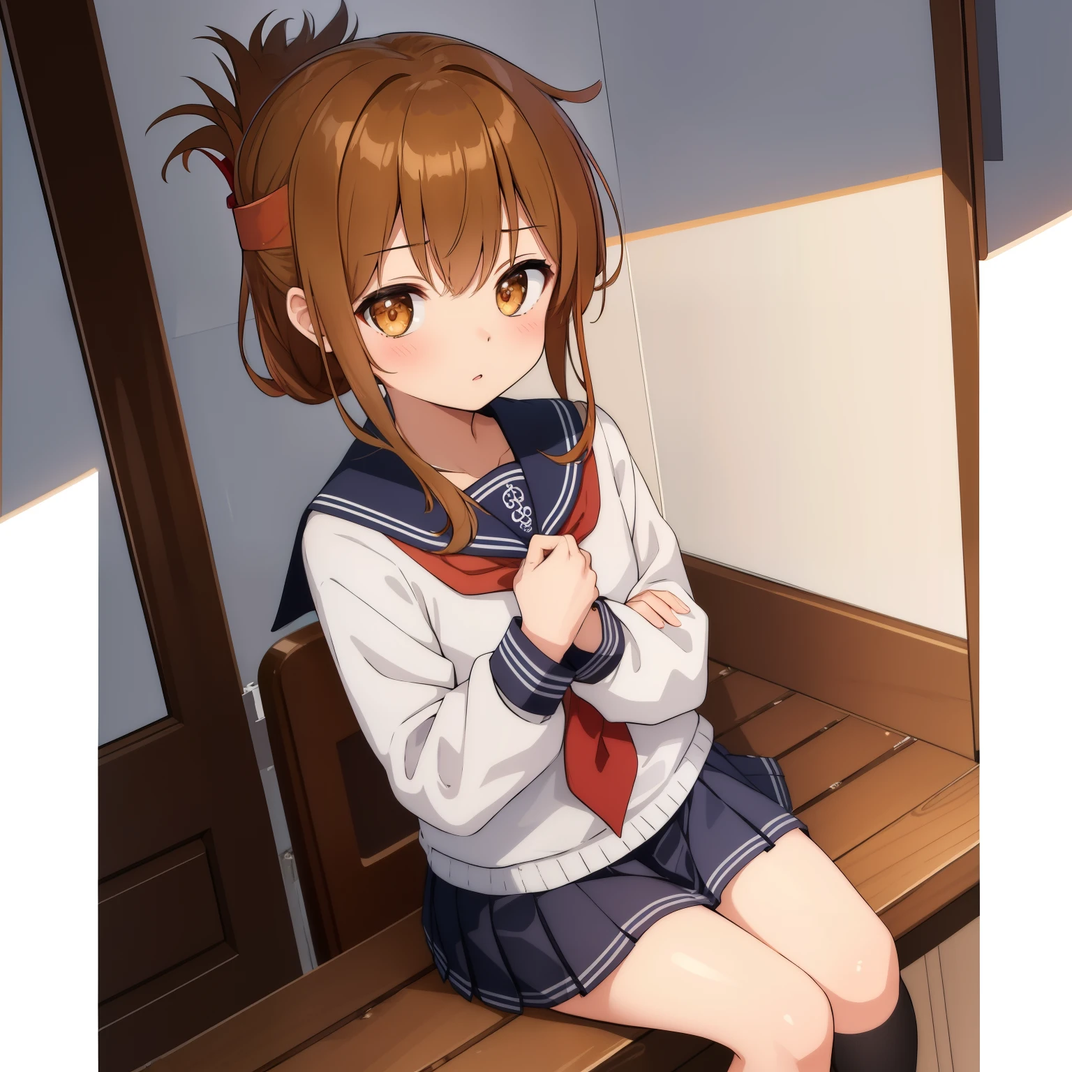 (masterpiece, highest quality:1.2),figure,8K,HD,1 girl,alone,Brown_hair,folded_ponytail,Brown_eye,serafuku,length_hair,School_uniform,skirt,pleats_skirt,セーラー服を着た体調の悪い女子高生がSchoolの体育館に座り、Observing a class while hugging one's knees.