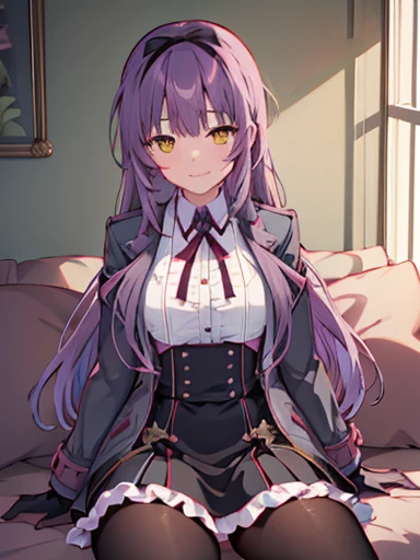 nsfw,highest quality,inside the bedroom, on the bed, sitting, spread your legs, figure, disorganized, (1 girl), (alone), (beautiful detailed girl), Len Bright, yellow_eye, purple hair, long hair, Broke up_前hair, hair_ribbon, black coat, white shirt, pantyhose, black knee boots, short black skirt, frills, black_gloves, ,, smug, smile, With confidence