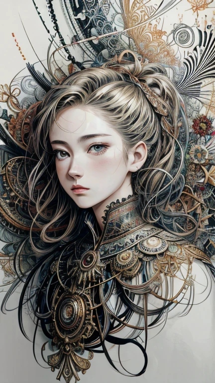 official art, unity 8k wallpaper, Super detailed, beautiful and aesthetic, masterpiece, highest quality, (zentangle, mandala, tangle, entangle), (fractal art:1.3) ,( 1 girl:1.4), very detailed, dynamic angle, cowboy shot, the most beautiful form of chaos, elegant, brutal designer, Bright colors, romanticism, Written by James Jean, robbie dowi antono, Ross Tran, francis bacon, Michael Mraz, Adrian&#39;s genius, Petra Cortright, Gerhard Richter, takato yamamoto, ashley wood, in the atmosphere, ecstasy of notes, Streaming notes are displayed,gear,fine decoration, Beautiful relief, collection of small parts, steampunk,zentangle、mandala、