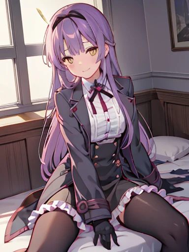 nsfw,highest quality,inside the bedroom, on the bed, sitting, spread your legs, figure, disorganized, (1 girl), (alone), (beautiful detailed girl), Len Bright, yellow_eye, purple hair, long hair, Broke up_前hair, hair_ribbon, black coat, white shirt, pantyhose, black knee boots, short black skirt, frills, black_gloves, ,, smug, smile, With confidence