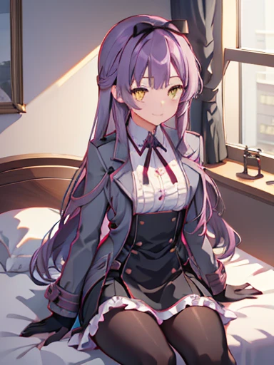 nsfw,highest quality,inside the bedroom, on the bed, sitting, spread your legs, figure, disorganized, (1 girl), (alone), (beautiful detailed girl), Len Bright, yellow_eye, purple hair, long hair, Broke up_前hair, hair_ribbon, black coat, white shirt, pantyhose, black knee boots, short black skirt, frills, black_gloves, ,, smug, smile, With confidence