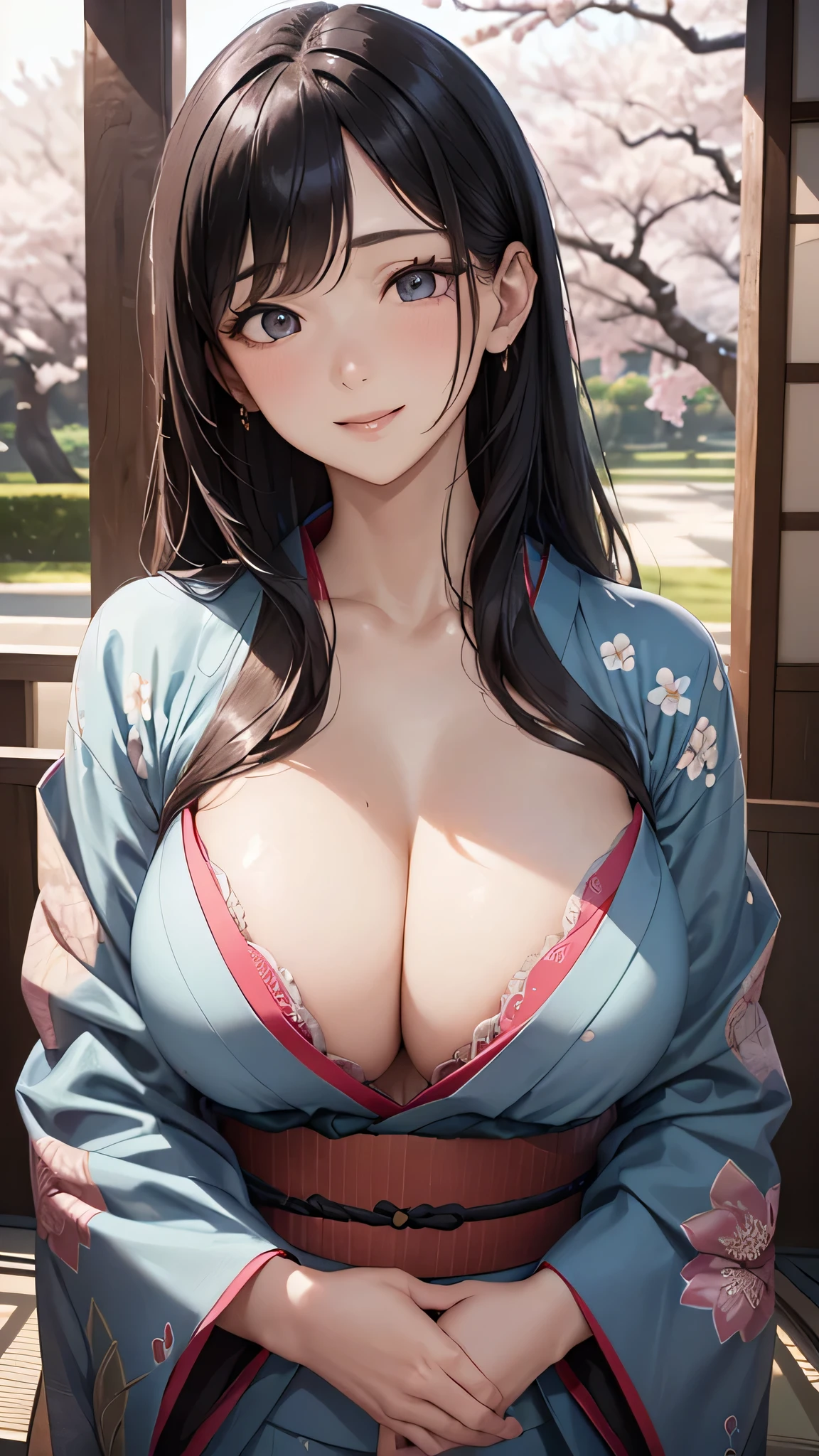 1woman, extremely sexy woman, Amazing face and eyes, (highly detailed eyes, highly detailed face), (floral pattern kimono:1.2), (extremely beautiful kimono), (cleavage:1.2), caute smile, (best quality:1.4), (Ultra realistic, high res), Raw photo, (realistic, photo-realistic:1.37), professional photography, cinematic light, old temple, cherry blossoms,