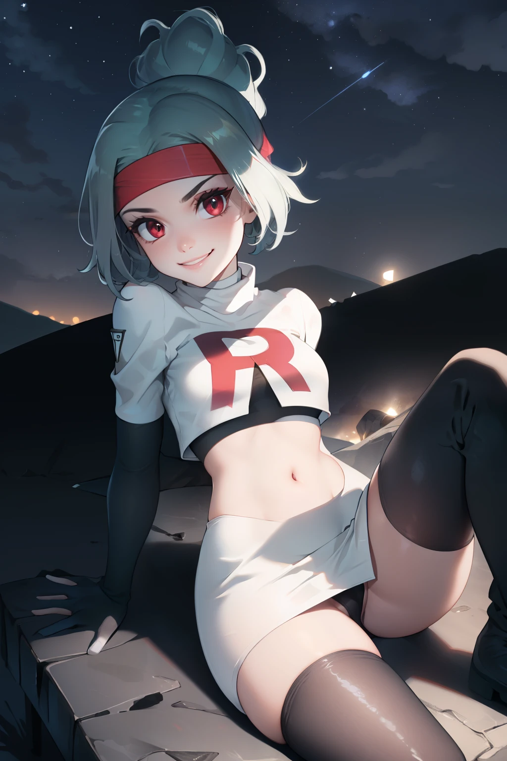 solana, headband, auqa hair ,glossy lips ,team rocket uniform, red letter R, white skirt,white crop top,black thigh-high boots, black elbow gloves, evil smile, sitting down ,legs crossed, night sky background