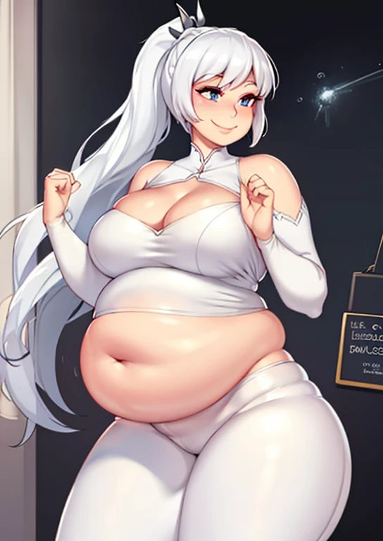 art by kipteitei, Weiss, white dress, white leggings, long white hair, obese body, round belly, intimate, looking to the right, smiling face, cartoon, hands behind body, no extra limbs, no extra fingers, 1girl, age 20