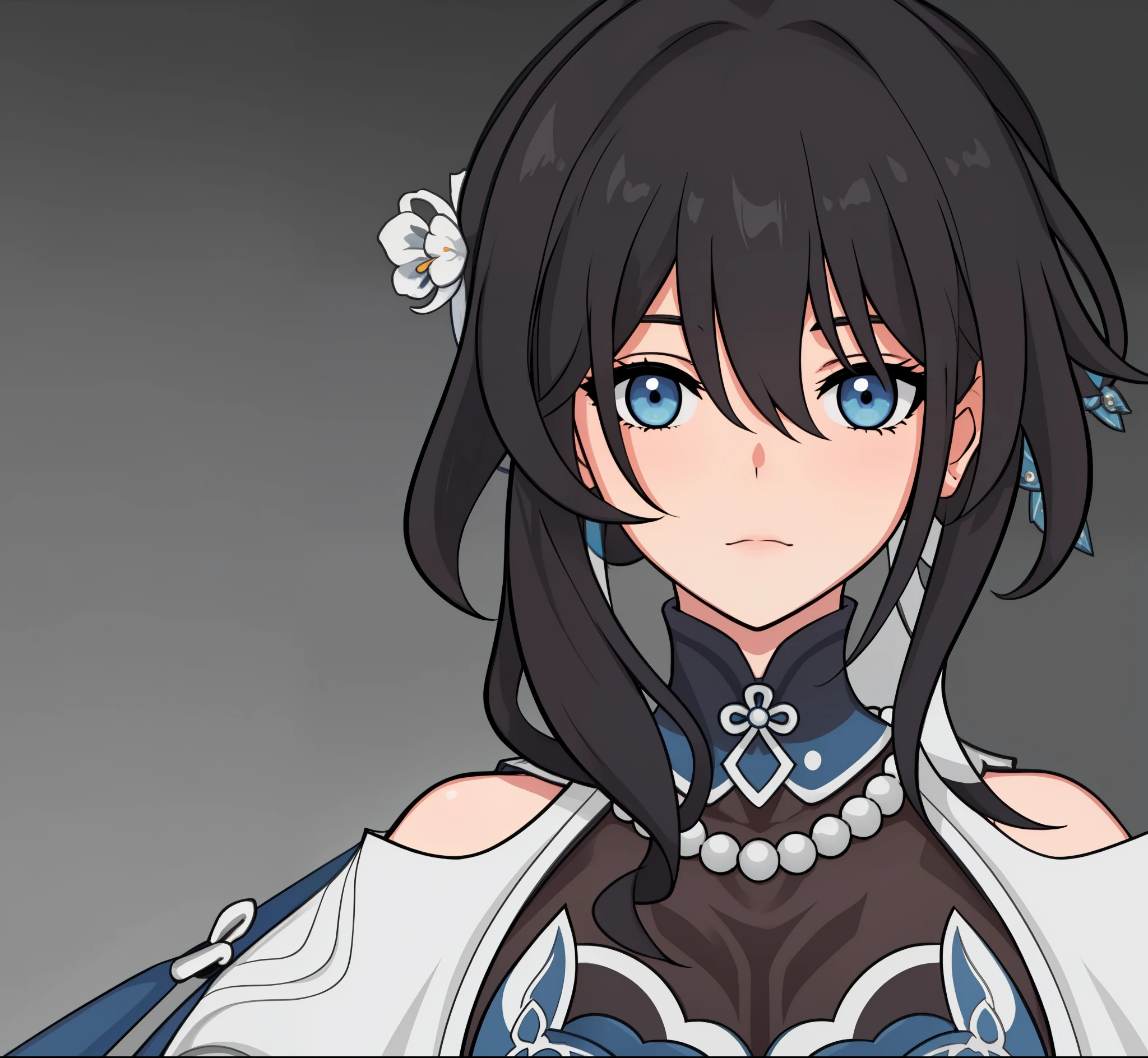 anime girl, wonder, soft expression, soft smile, curious expression, black hair, blue eyes, white pearls, chinese aesthetic, masterpiece, (beautiful and aesthetic:1. 5), thick black lineart, clean lineart, perfect lineart, variable lineart, thick lineart, clean anime outlines, intense line art, bold lineart, sharp lineart, heavy lineart, line art, best quality, high quality, high details, super detail, anatomically correct, best quality, ultra-detailed, colourful, saturated colours, dynamic lighting, HD,