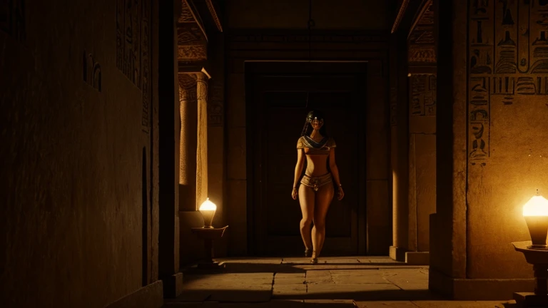 realistic scene featuring a short, In Ancient Egypt, there is evidence that some women worked as prostitutes. They were often associated with temples and were sometimes considered to have a religious connection., with lighting that emphasizes the environmental turmoil. Capture moments that evoke mystery and intensity, leaving room for interpretation and emotional impact.