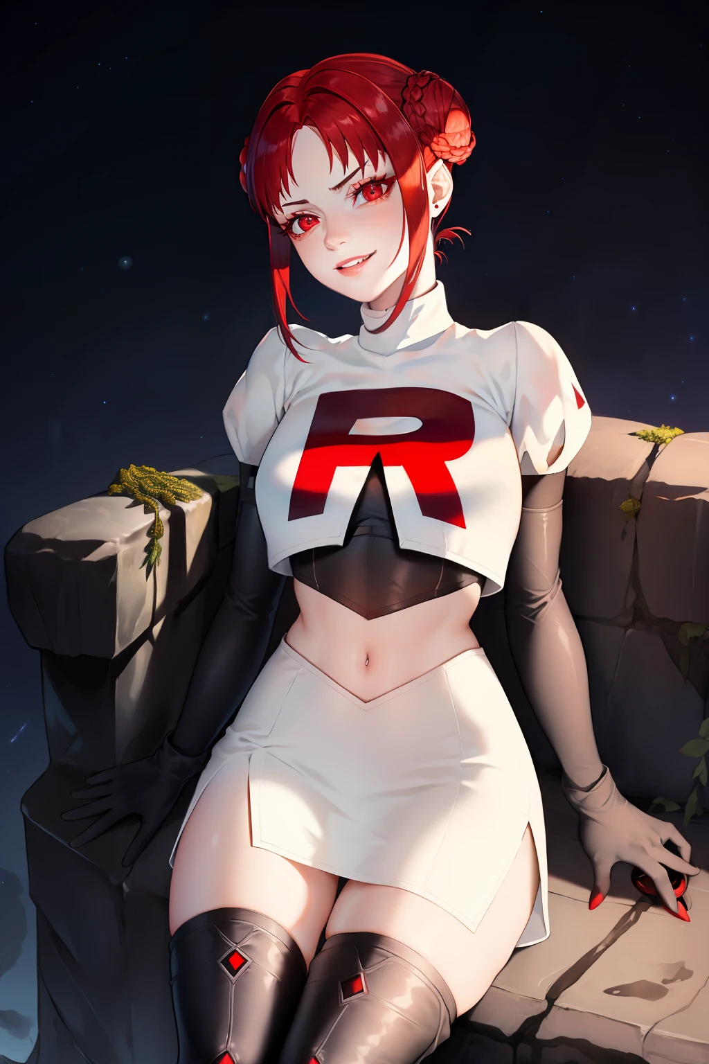 feMonica, hair bun, braid,red eyes ,glossy lips ,team rocket uniform, red letter R, white skirt,white crop top,black thigh-high boots, black elbow gloves, evil smile, sitting down ,legs crossed, night sky background