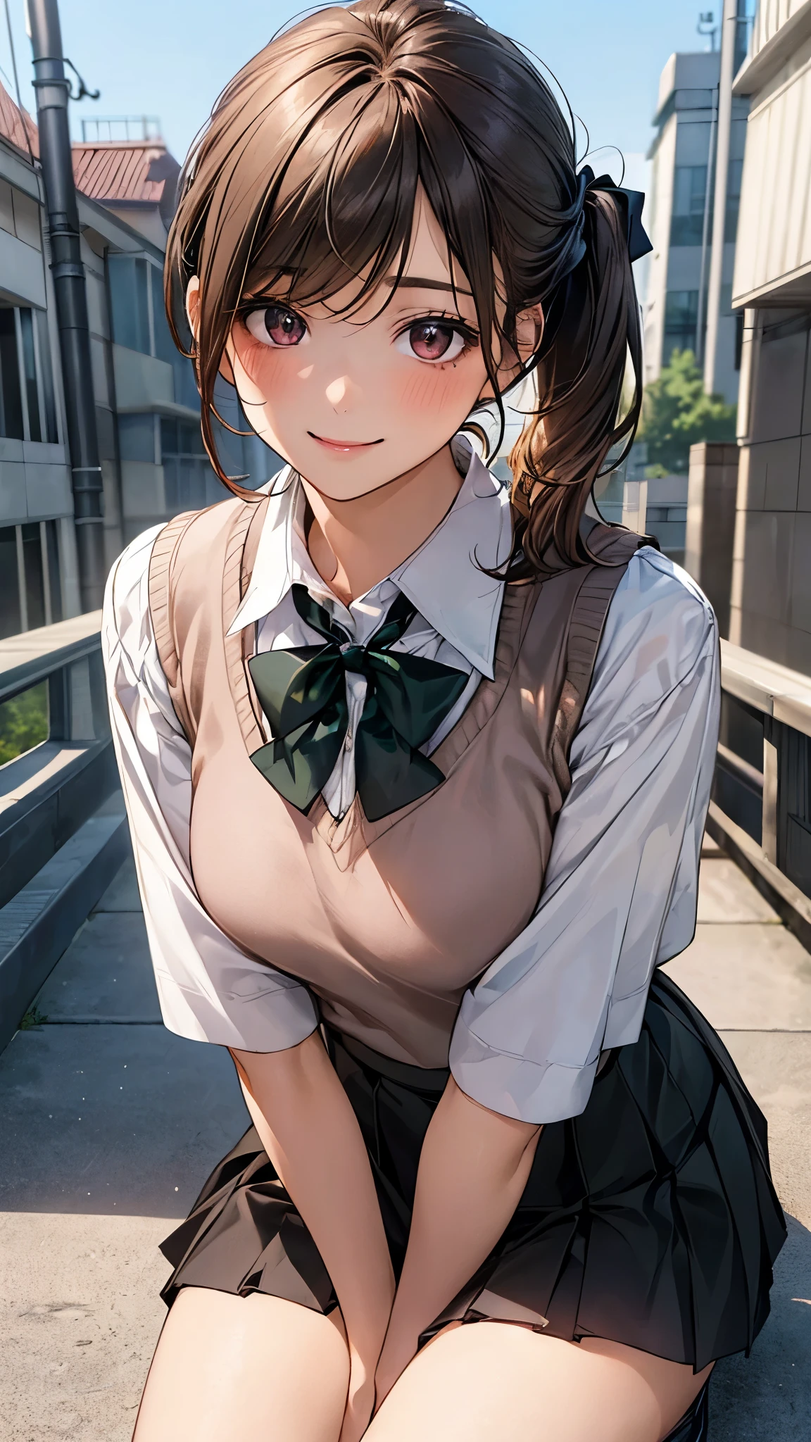 (masterpiece:1.2, top-quality), (realistic, photorealistic:1.4), beautiful illustration,
looking at viewer, cowboy shot, front view:0.8,
1 girl, japanese, high school girl, (long hair:1.5), blond hair, (twintail:1.7), bangs, hair between eye, purple eyes, skin fang, large breasts:0.8,
beautiful hair, beautiful face, beautiful detailed eyes, beautiful clavicle, beautiful body, beautiful chest, beautiful thigh, beautiful legs, beautiful fingers,
(beautiful scenery), , school,
((collared shirt, white shirt, school uniform, cardigan, red plaid pleated skirt, blue plaid bow tie, blue plaid hair ribbon)), white panties, pantyhose, brown cardigan,
standing, walking,
smile, ,