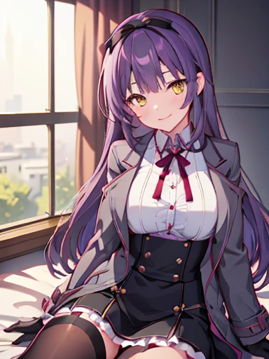 nsfw,highest quality,inside the bedroom, on the bed, sitting, spread your legs,lift up skirt、flip the skirt、have a skirt, (1 girl), (alone), (beautiful detailed girl), Len Bright, yellow_eye, purple hair, long hair, Broke up_前hair, hair_ribbon, black coat, white shirt, pantyhose, black knee boots, short black skirt, frills, black_gloves, ,, smug, smile, With confidence