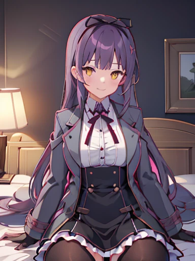 nsfw,highest quality,inside the bedroom, on the bed, sitting, spread your legs,lift up skirt、flip the skirt、have a skirt, (1 girl), (alone), (beautiful detailed girl), Len Bright, yellow_eye, purple hair, long hair, Broke up_前hair, hair_ribbon, black coat, white shirt, pantyhose, black knee boots, short black skirt, frills, black_gloves, ,, smug, smile, With confidence