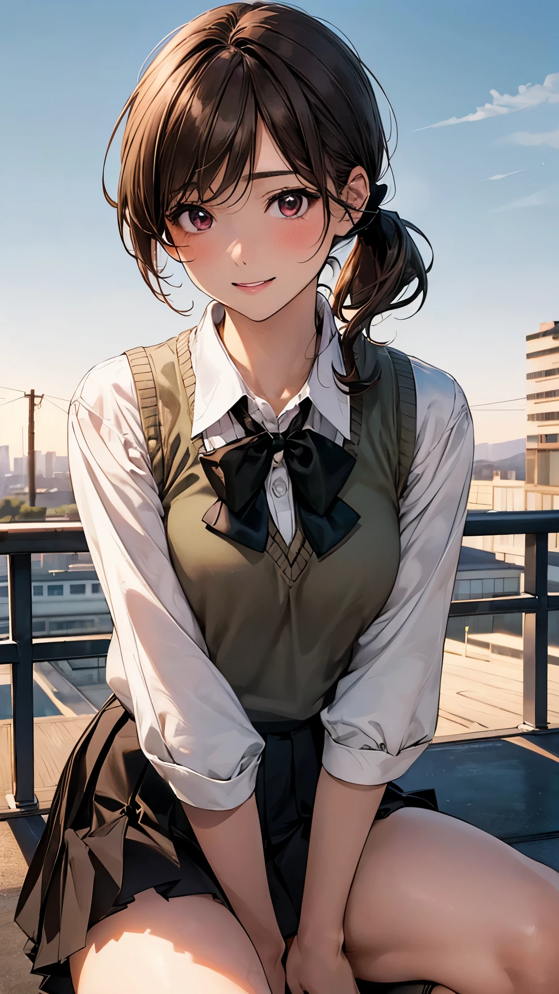 (masterpiece:1.2, top-quality), (realistic, photorealistic:1.4), beautiful illustration, (natural side lighting, movie lighting), nsfw,
looking at viewer, panty shot, front view:0.6, 1 girl, japanese, high school girl, perfect face, cute and symmetrical face, shiny skin,
(short hair:1.5, side ponytail:1.2, light brown hair), swept bangs, dark purole eyes, drooping eyes, long eye lasher, (large breasts:0.6),
beautiful hair, beautiful face, beautiful detailed eyes, beautiful clavicle, beautiful body, beautiful chest, beautiful thighs, beautiful legs,
((symmetrical clothing, white collared shirts, black pleated skirt, dark green bow tie, brown ), pink panty, ), black socks, brown knitted vest,
(beautiful scenery), morning, school rooftop, squatting, spread legs, (lovely smile, upper eyes),