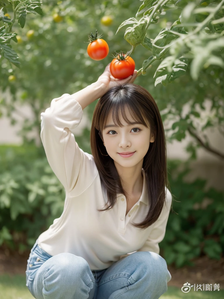 ((holding a small tomato in hand)),field,There is a tomato tree in front of me,squatting,1 girl,28歳の女性,しゃがむ,Full body shot from a distance:1.4,(handsome short hair),ultra-realistic capture, very detailed,解剖学的に正しい,人間の皮膚のHigh resolution16kクローズアップ,Skin texture must be natural, Enough detail to finely identify pores. skin needs to look healthy, with an even tone. Use natural light and color,highest quality,4K,8K,High resolution,table top:1.2,super detailed,very detailed目と顔,beautiful and fine eyes,beautiful detailed lips,long eyelashes,realistic,realistic:1.37,Japanese,fine white skin,(skinny jeans,polo shirt),beautiful and magnificent composition,Charm,cute,silky smooth and straight hair,sharp focus,sunny,smiling cheerfully,With a round face,視聴者を見る,