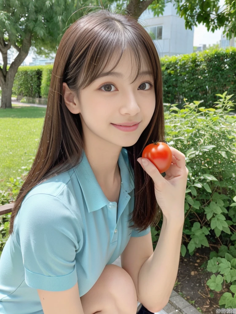 ((holding a small tomato in hand)),field,There is a tomato tree in front of me,squatting,1 girl,28歳の女性,しゃがむ,Full body shot from a distance:1.4,(handsome short hair),ultra-realistic capture, very detailed,解剖学的に正しい,人間の皮膚のHigh resolution16kクローズアップ,Skin texture must be natural, Enough detail to finely identify pores. skin needs to look healthy, with an even tone. Use natural light and color,highest quality,4K,8K,High resolution,table top:1.2,super detailed,very detailed目と顔,beautiful and fine eyes,beautiful detailed lips,long eyelashes,realistic,realistic:1.37,Japanese,fine white skin,(skinny jeans,polo shirt),beautiful and magnificent composition,Charm,cute,silky smooth and straight hair,sharp focus,sunny,smiling cheerfully,With a round face,視聴者を見る,