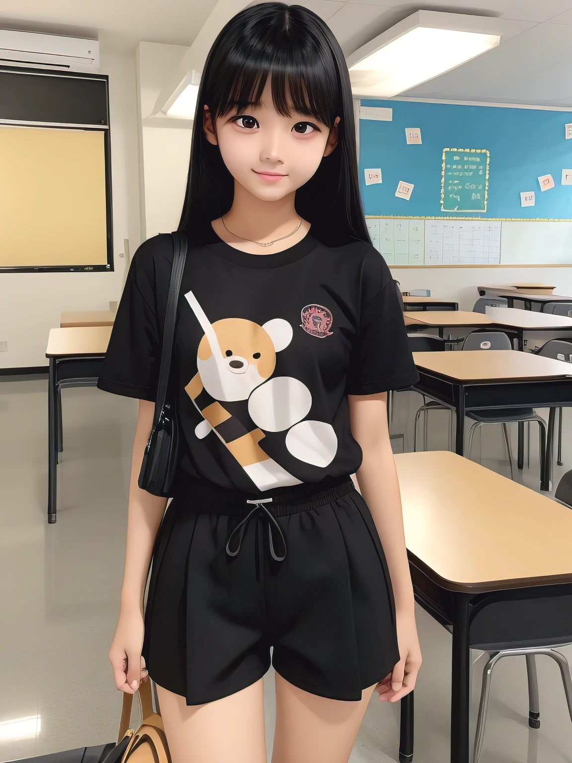 best image quality、black hair、black eye、female 、Junior idol、private server、school bag、shorts、T-shirt