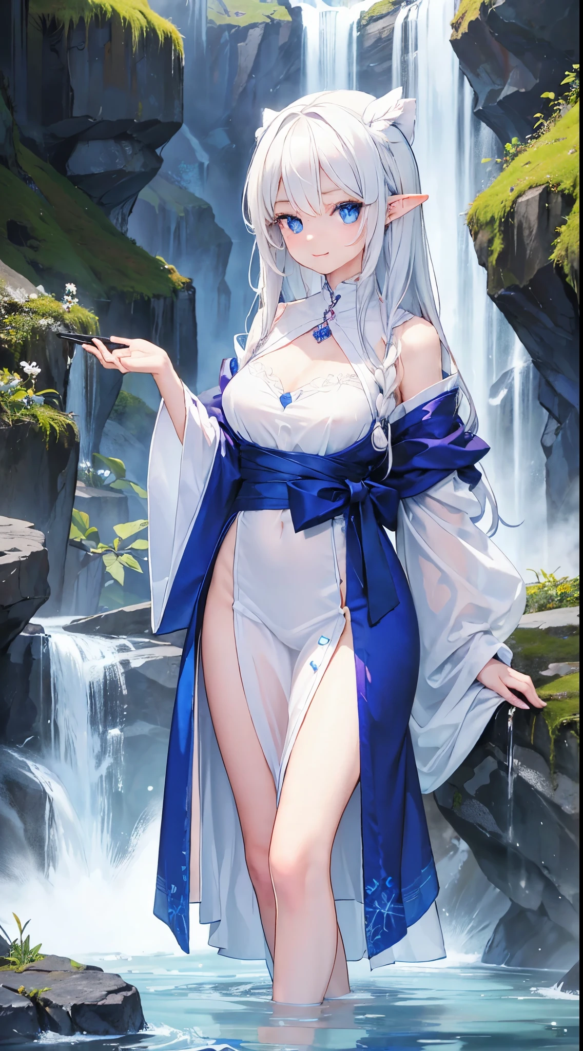 Put her hands on the inside of her legs,Nipples are vaguely visible,legs open,You can see her panties,Soaked in transparent viscous liquid,Her breast size is 36D