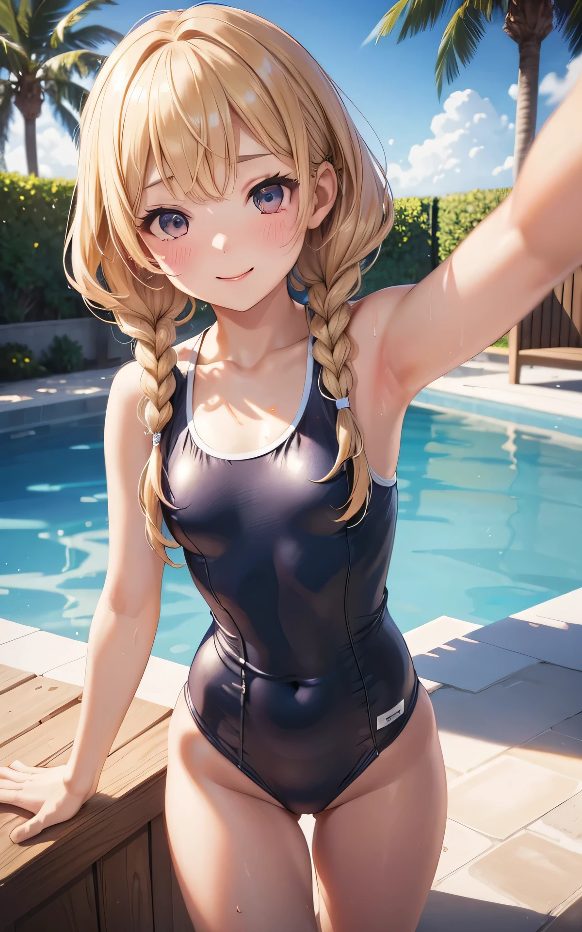 ((old school swimsuit、selfie)) 、absurderes、detailed hair、Flat Lighting、dramatic angle:1.3、sexy pose、best quality、intricate detailed、Hyperrealistic、perspective, highly detailed, detailed background, illustration、1 girl、 body shape、small breasts、short stature、Dynamic pose、blush、smile、twin braids、outdoor、pool side、blond hair