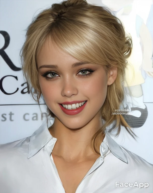 a close up of a woman with a messy ponytail and a white shirt, jessica alba woman, jessica alba, perfect face ), most beautiful woman on earth, perfect face!!!, perfect face!!, attractive female face!!!, her hair is natural disheveled, central parted fringe, center parted bangs, blonde hair and large eyes, curly bangs and ponytail