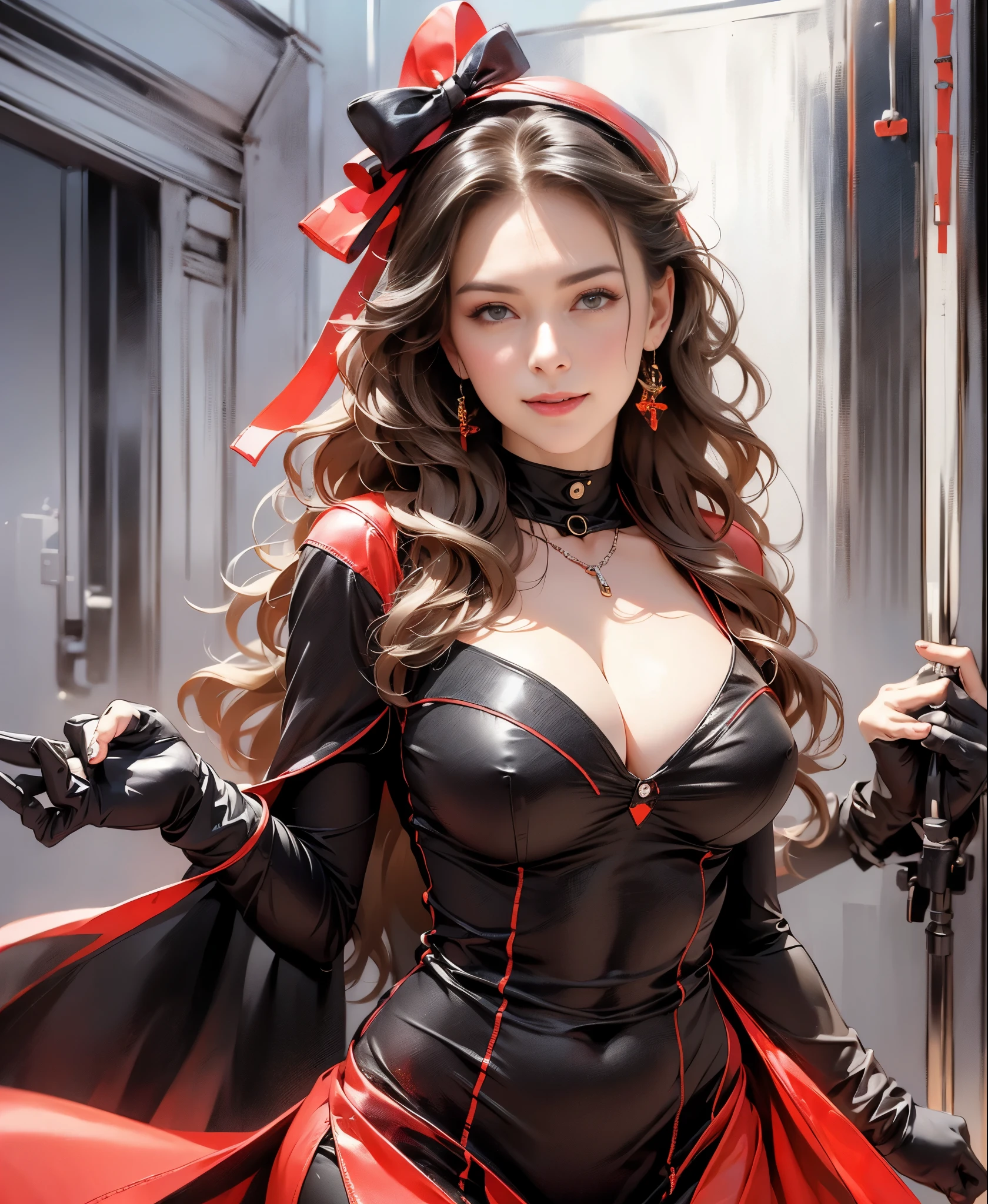highest quality, masterpiece, 8k、Glossy skin、attention to detail, realistic, 1 girl、super big breasts、My chest is about to burst:1.8、 beautiful hands, sexy, whole body, Blissful smile、((Red leather、Tight-fitting dress))、cleavage:1.9