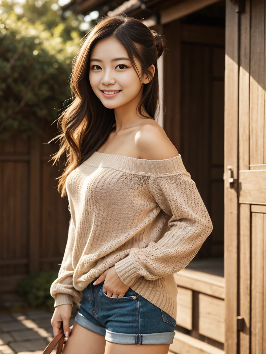 1 female in her 20s,cheerful face、high quality、surreal、healthy、Perfect slender figure、beauty of japan、 perfect eyes,beautiful skin、full body style、outdoor、最high quality、ultra high resolution、(Photoreal:1.4)、beautiful eyes、super beautiful、bun hair、fluttering hair、small breasts、Beauty Soldier、A perspective that invites the viewer、attractive appearance、cute smile、perfect style、perfect balance、fine skin、naughty look,Diagonal Up Angle、summer sweater