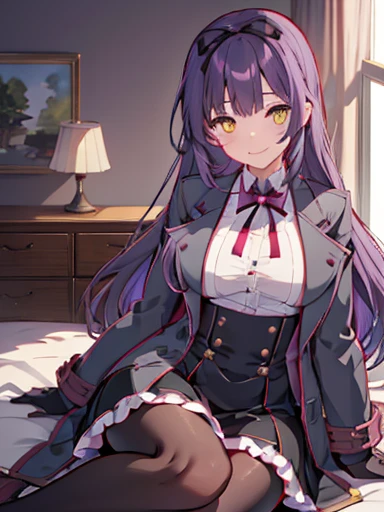 ((nsfw)),highest quality,inside the bedroom, lift up skirt、flip the skirt、have a skirt, (1 girl), (alone), (beautiful detailed girl), Len Bright, yellow_eye, purple hair, long hair, Broke up_前hair, hair_ribbon, black coat, white shirt, pantyhose, black knee boots, short black skirt, frills, black_gloves, ,, smug, smile, With confidence