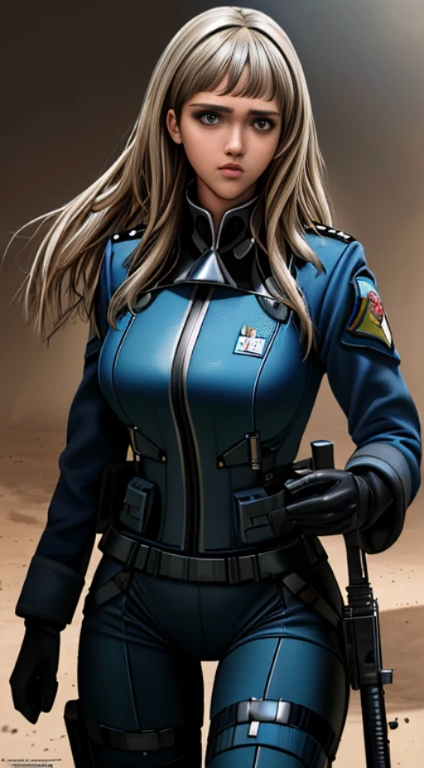 Jessica Alba (High resolution, High Definition + Surrealism: 1.5), (Good results in photographs, Women in uniform, textured skin), (Strong contrast of light and shadow, wandering in war zones, suffering theme, new visual experience)