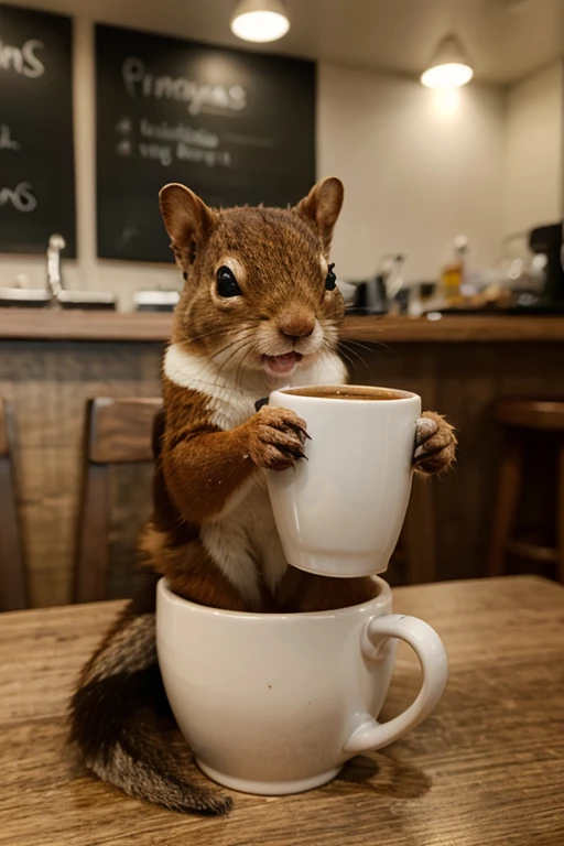 Create a squirrel that is drinking coffee. It has a fluffy long tail and is facing to the left.