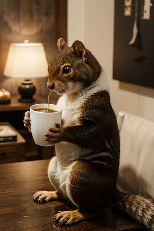 Create a squirrel that is drinking coffee. It has a fluffy long tail and is facing to the left.