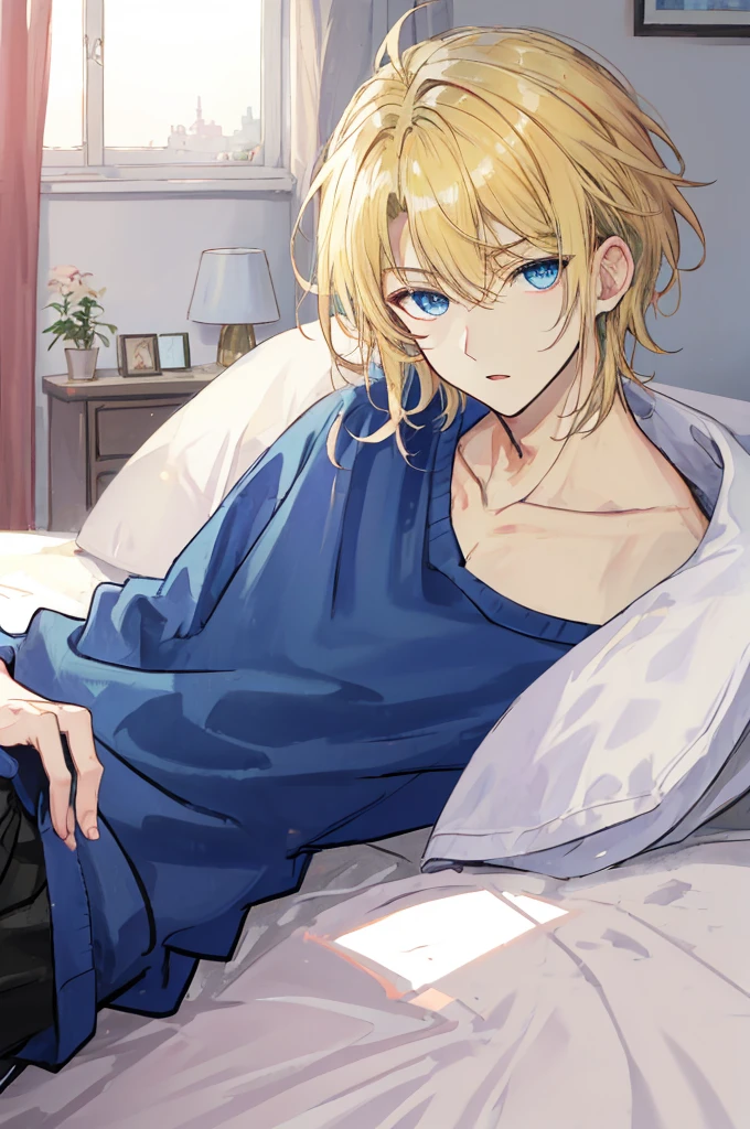 a handsome man，adult，Brother's，blond，blue eyes，clavicle，Sweatshirt，long trousers，(Very detailed background，bedroom)，bed，