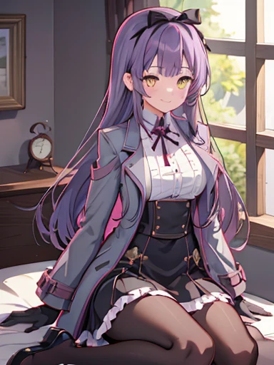 (nsfw),highest quality,inside the bedroom, lift up skirt、flip the skirt、have a skirt, (1 girl), (alone), (beautiful detailed girl), Len Bright, yellow_eye, purple hair, long hair, Broke up_前hair, hair_ribbon, black coat, white shirt, pantyhose, black knee boots, short black skirt, frills, black_gloves, ,, smug, smile, With confidence