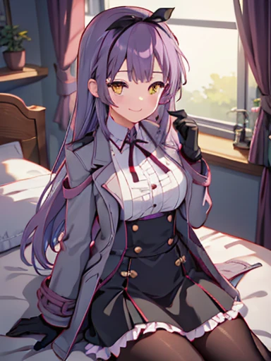 (nsfw),highest quality,inside the bedroom, lift up skirt、flip the skirt、have a skirt, (1 girl), (alone), (beautiful detailed girl), Len Bright, yellow_eye, purple hair, long hair, Broke up_前hair, hair_ribbon, black coat, white shirt, pantyhose, black knee boots, short black skirt, frills, black_gloves, ,, smug, smile, With confidence