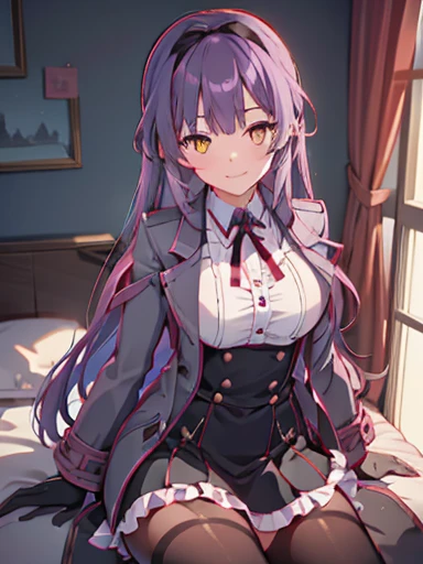 (nsfw),highest quality,inside the bedroom, lift up skirt、flip the skirt、have a skirt, (1 girl), (alone), (beautiful detailed girl), Len Bright, yellow_eye, purple hair, long hair, Broke up_前hair, hair_ribbon, black coat, white shirt, pantyhose, black knee boots, short black skirt, frills, black_gloves, ,, smug, smile, With confidence