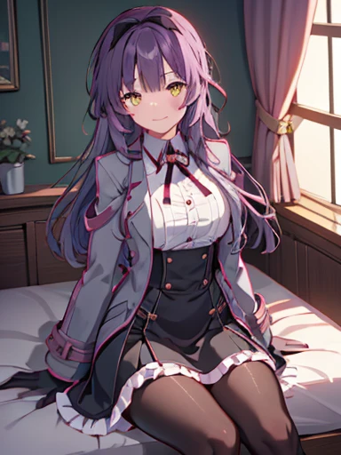 (nsfw),highest quality,inside the bedroom, lift up skirt、flip the skirt、have a skirt, (1 girl), (alone), (beautiful detailed girl), Len Bright, yellow_eye, purple hair, long hair, Broke up_前hair, hair_ribbon, black coat, white shirt, pantyhose, black knee boots, short black skirt, frills, black_gloves, ,, smug, smile, With confidence