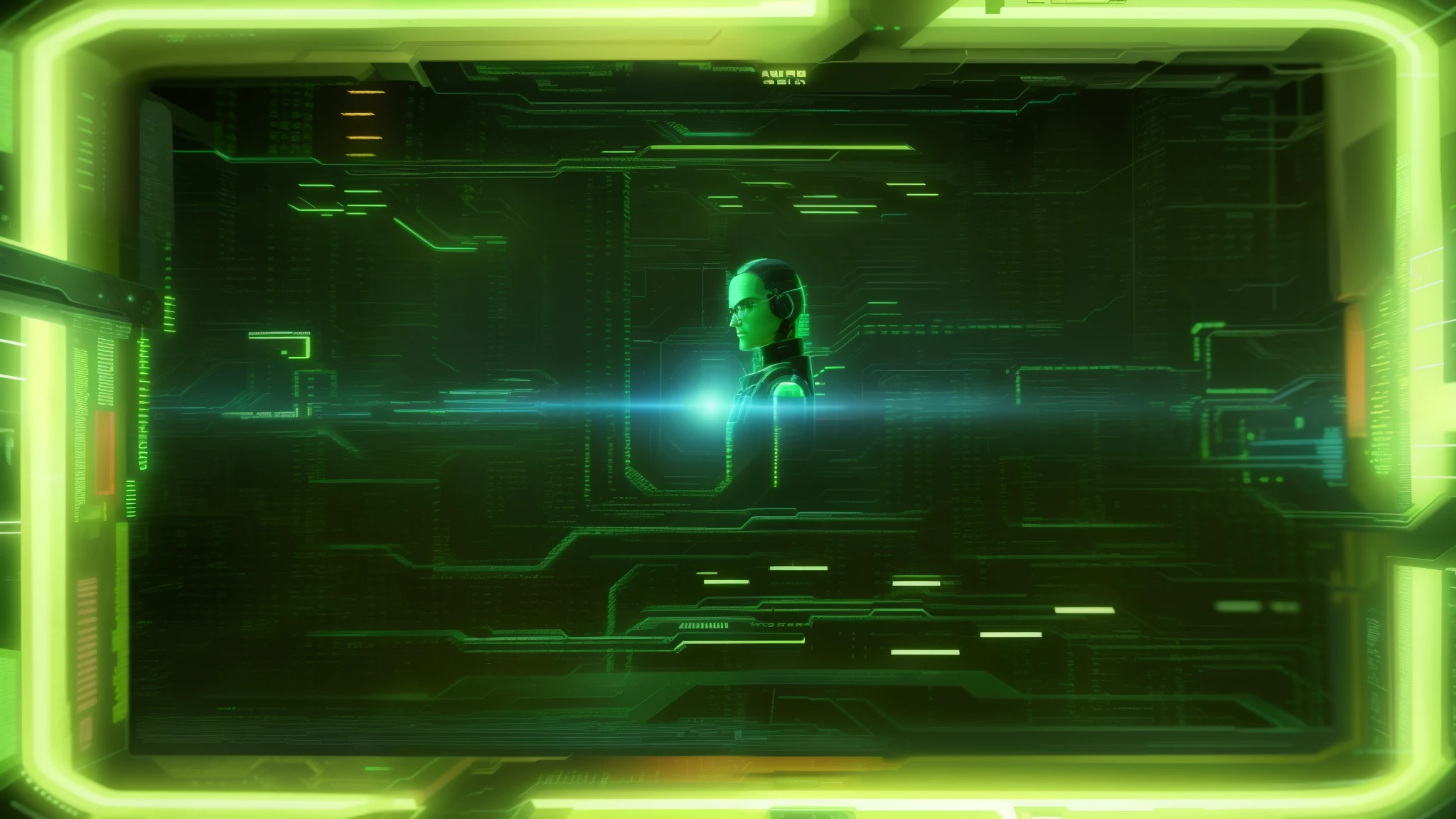 a close up of a green neon frame with a person in it, background of digital greebles, green matrix code, wires from the matrix movie, green matrix light, data holograms, sci - fi film still, system shock 2, still from the matrix (1999), matrix movie color grading, shodan from system shock 2, cyber space