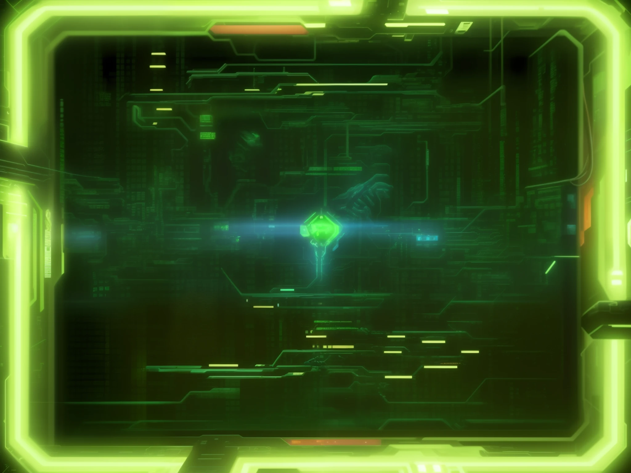 a close up of a green neon frame with a person in it, background of digital greebles, green matrix code, wires from the matrix movie, green matrix light, sci - fi film still, data holograms, system shock 2, matrix movie color grading, still from the matrix (1999), shodan from system shock 2, cyber space
