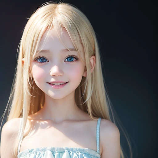 shiny skin、 Very cute and beautiful face、Shiny and very beautiful bright white skin、very beautiful and cute pale blue eyes、Beautiful very long shiny silky blonde hair with golden shine、(10 years old)、one small very beautiful cute girl、Beautiful cute bright look、Clear double eyelids、((Very happy smile))、Very cute clothes
