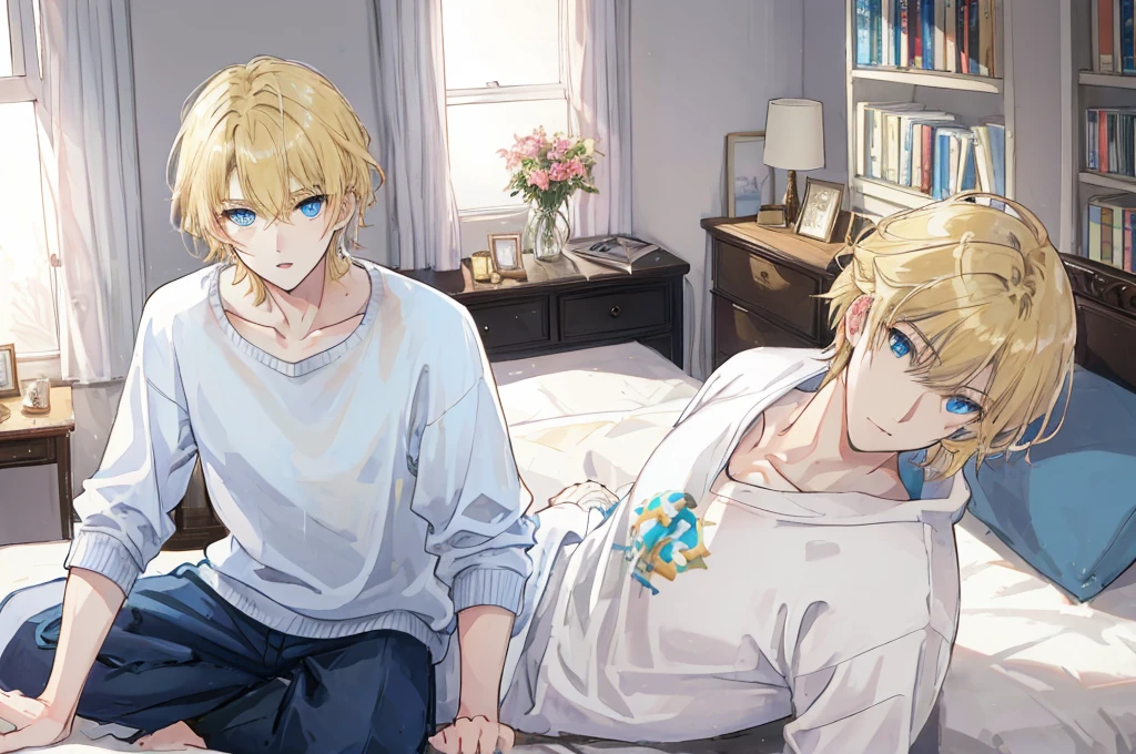 a handsome man，adult，Brother's，blond，blue eyes，clavicle，Sweatshirt，long trousers，(Very detailed background，bedroom)，on the bed，