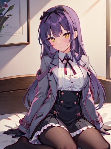 (nsfw),highest quality,inside the bedroom, on the bed, sitting, spread your legs,lift up skirt、flip the skirt、have a skirt, (1 girl), (alone), (beautiful detailed girl), Len Bright, yellow_eye, purple hair, long hair, Broke up_前hair, hair_ribbon, black coat, white shirt, pantyhose, black knee boots, short black skirt, frills, black_gloves, ,, smug, blush、涙eye、glaring