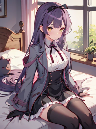 (nsfw),highest quality,inside the bedroom, on the bed, sitting, spread your legs,lift up skirt、flip the skirt、have a skirt, (1 girl), (alone), (beautiful detailed girl), Len Bright, yellow_eye, purple hair, long hair, Broke up_前hair, hair_ribbon, black coat, white shirt, pantyhose, black knee boots, short black skirt, frills, black_gloves, ,, smug, blush、涙eye、glaring