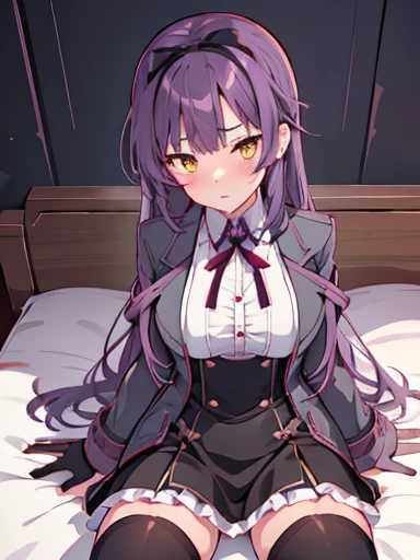 (nsfw),highest quality,inside the bedroom, on the bed, sitting, spread your legs,lift up skirt、flip the skirt、have a skirt, (1 girl), (alone), (beautiful detailed girl), Len Bright, yellow_eye, purple hair, long hair, Broke up_前hair, hair_ribbon, black coat, white shirt, pantyhose, black knee boots, short black skirt, frills, black_gloves, ,, smug, blush、涙eye、glaring