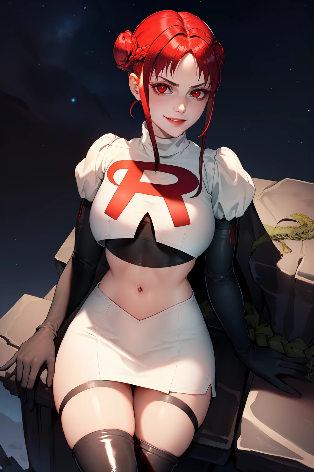 feMonica, hair bun, braid,red eyes ,glossy lips ,team rocket uniform, red letter R, white skirt,white crop top,black thigh-high boots, black elbow gloves, evil smile, sitting down, looking down on viewer ,legs crossed, night sky background