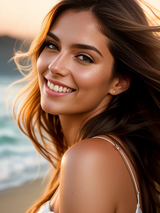 (grainy:0.5), cinematic, women, (solo:1.3), detailed eyes, detailed face, volumetric lighting, extremely detailed background, smiling, half closed eyes, from side, beach,
