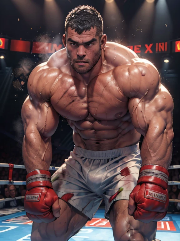 3D Photorealistic, Masterpiece realistic, best high quality, perfect details, RAW Photo, intricate details, nice lighting, 4K, detailed background, In the championship boxing match, A determined muscular boxing champion 45-year-old man, perfect wrinkle wearing pure white boxing trunk and red boxing gloves. His faces marked with grit and determination. Crowded audiences and nice lighting, nice face lighting, serving a boxing battleground. The banner signs overhead cast a surreal, flickering glow, adding to the atmosphere of raw energy. He looks firm in powerful boxing stances, as ready to start the fight in a next second. Unnoticed by the world beyond. It's a fight born of pride, rivalry, or perhaps a deeper conflict and pride, and it rages on with an intensity that can only be found in the unforgiving boxing stadium of the city. Intricate details, details of physic muscle, perfect body anatomy, perfect hand anatomy. hot beard, (straight face:1.2), bodily fluid (bodily fluid:1.5), bruised body (bruised body:1.8), last breathe (last breathe:1.8), damaged abs (damaged abs:1.7), run out of stamina (run out of stamina:1.8), extremely fatigue status (extremely fatigue:1.8), enfeeble status (enfeeble:1.7), weaken status (weaken:1.8), look elsewhere (look elsewhere:1.4), groaning (groaning:1.5), beg for mercy, bleeding inner organ, bleeding mouth, (bleeding:1.8), bleeding nose, bleeding abs, mouth open, lying on the floor.