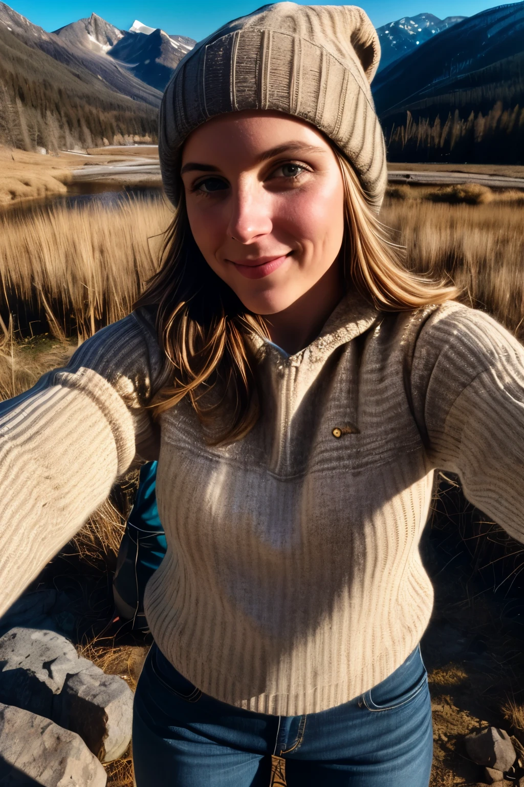 1 woman((upper body selfie, happy)), masterpiece, best quality, ultra-detailed, solo, outdoors, (night), mountains, nature, (stars, moon) cheerful, happy, backpack, sleeping bag, camping stove, water bottle, mountain boots, gloves, sweater, hat, flashlight, forest, rocks, river, wood, smoke, shadows, contrast, clear sky, analog style (look at viewer:1.2) (skin texture) (film grain:1.3), (warm hue, warm tone) :1.2), close up, cinematic light, sidelighting, ultra high res, best shadow, RAW, upper body, wearing pullover