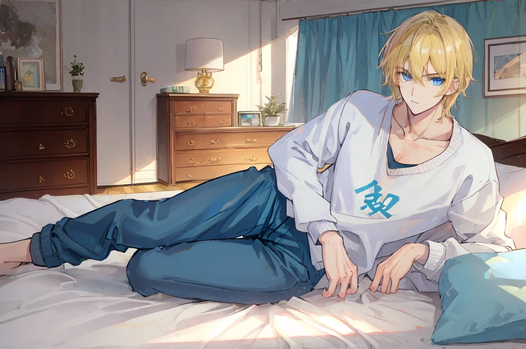 a handsome man,adult,blond,blue eyes,clavicle,Sweatshirt,long trousers,(Very detailed background,bedroom),on the bed,